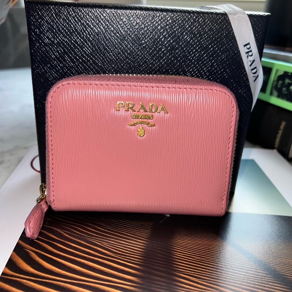 Prada Geranio Pink Saffiano Leather Gold Zip Coin Purse